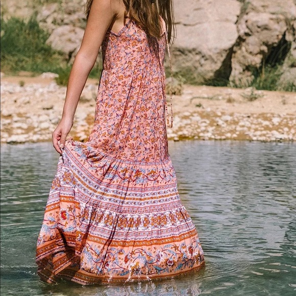 Boho Floral Gypsy Print Cami Maxi Dress Orange - Picture 3 of 16